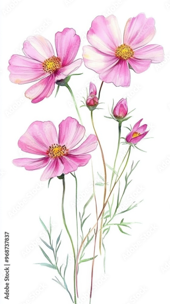 Obraz premium Watercolor Illustration set of Pink cosmos flowers on a white background,spring summer nature,Vibrant pink cosmos blooming,Children's card,banner,raindrops drawn by hand.