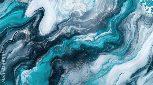 Abstract oceanic marble pattern with turquoise, teal, and silver streaks, resembling waves. No people. No logo. photo