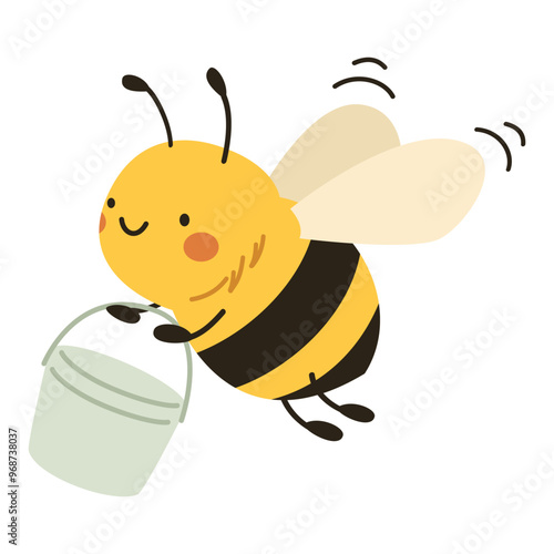 Cute flat vector illustration in children's style. Cute bee collecting honey in a bucket. Vector illustration