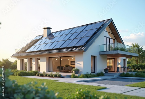 Top view luxury smart home with solar panels photovoltaic rooftop system for renewable energy concepts, realistic.