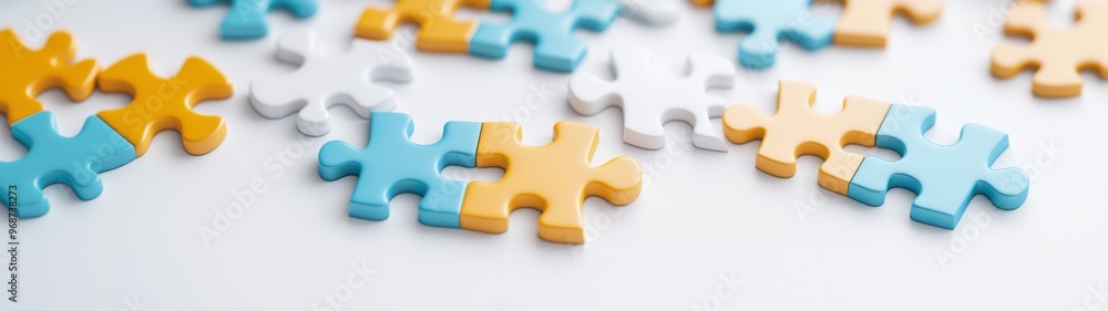 Colorful blue and yellow puzzle pieces interlocked on a white backdrop, showcasing a clean, minimalist design, emphasizing vibrant colors and smooth textures. Colorful blue and yellow puzzle pieces interlocked on a white backdrop, showcasing a clean, minimalist design, emphasizing vibrant colors and smooth textures.