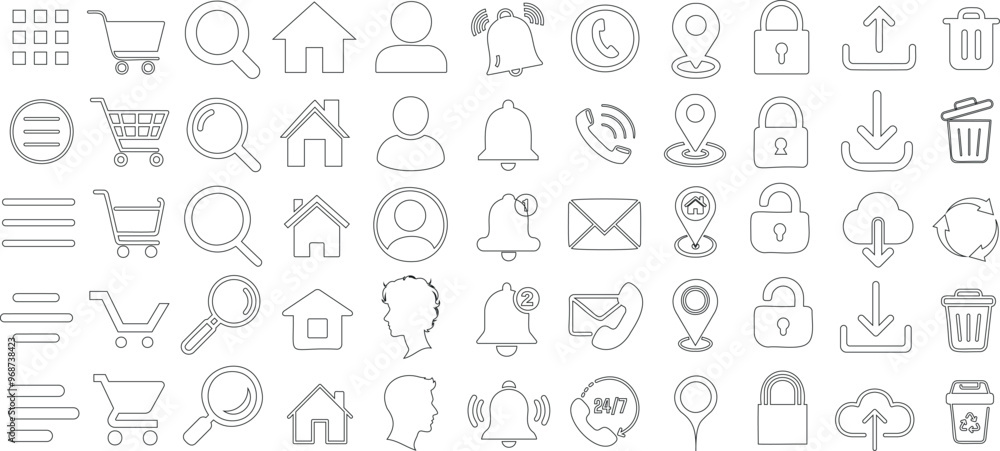 Essential website icon set, including search, cart, profile, notification, home, location, phone, bell, download, upload, and trash. Perfect for web design, apps, and user interface development Essential website icon set, including search, cart, profile, notification, home, location, phone, bell, download, upload, and trash. Perfect for web design, apps, and user interface development