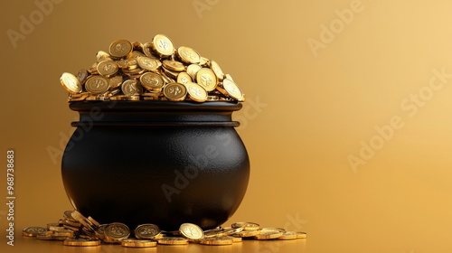 Black Pot Overflowing with Gold Coins, a captivating 3D rendering showcasing a close-up view of a pot brimming with shiny coins, set against a clean, unobtrusive background. photo