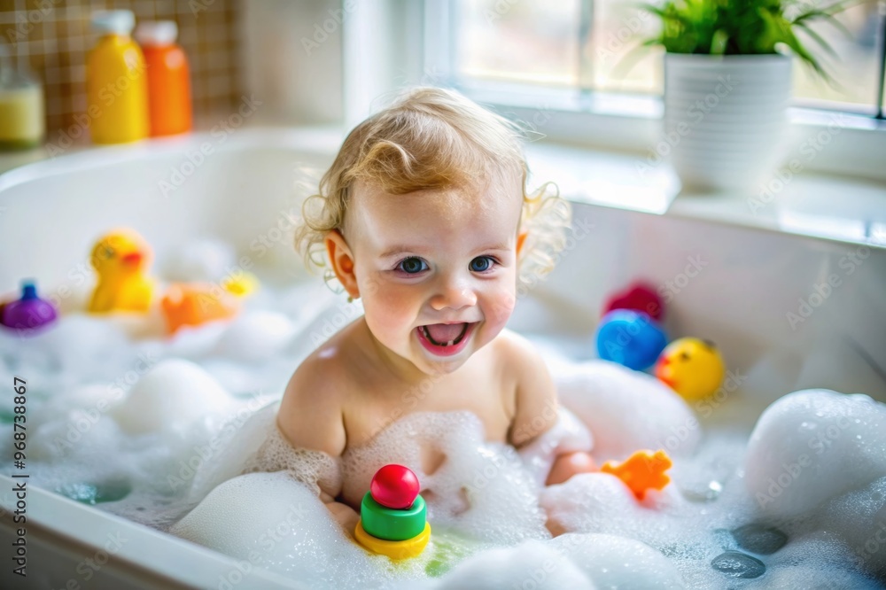 1 year old toddler enjoys bathing in the bathtub, A baby is playing with rubber ducks in the bathtub. The baby is holding one duck in each hand and splashing water. The scene is playful and fun, with 1 year old toddler enjoys bathing in the bathtub, A baby is playing with rubber ducks in the bathtub. The baby is holding one duck in each hand and splashing water. The scene is playful and fun, with