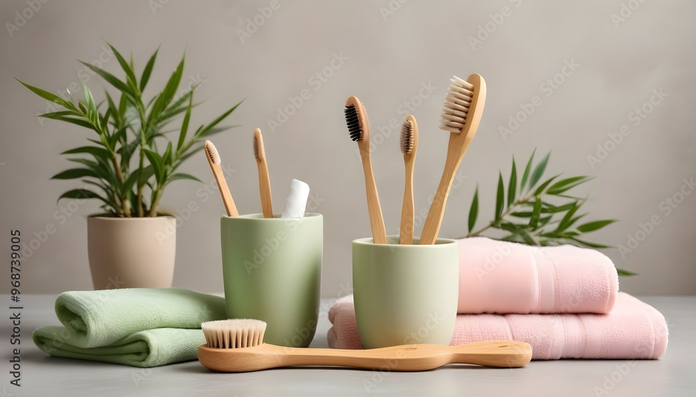 Eco toothbrushes. Bamboo toothbrushes cup, natural soap, plastic free ear sticks, wooden hair brush and white towels on gray stone background Eco toothbrushes. Bamboo toothbrushes cup, natural soap, plastic free ear sticks, wooden hair brush and white towels on gray stone background