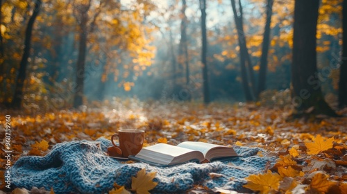 Fototapeta Naklejka Na Ścianę i Meble -  Cozy and tasty autumn picnic in a forest: tea, pie and fresh fruits on the red plaid. Rustic decor fall vibes