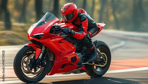 Adrenaline-fueled rush of a male motorcyclist racing on a sleek red sportbike, embodying dynamic movement and the essence of motorsport excitement