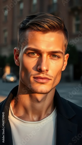 Hansome Man Portrait  Close Up  Green Eyes  Stylish  Fashion  Urban  City  Sunset  Sunlight photo