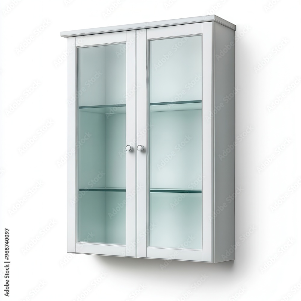 A white wall-mounted cabinet with glass doors and shelves for storage and display. A white wall-mounted cabinet with glass doors and shelves for storage and display.