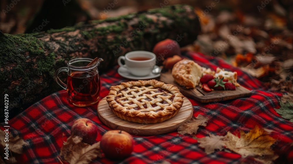Cozy and tasty autumn picnic in a forest: tea, pie and fresh fruits on the red plaid. Rustic decor fall vibes Cozy and tasty autumn picnic in a forest: tea, pie and fresh fruits on the red plaid. Rustic decor fall vibes