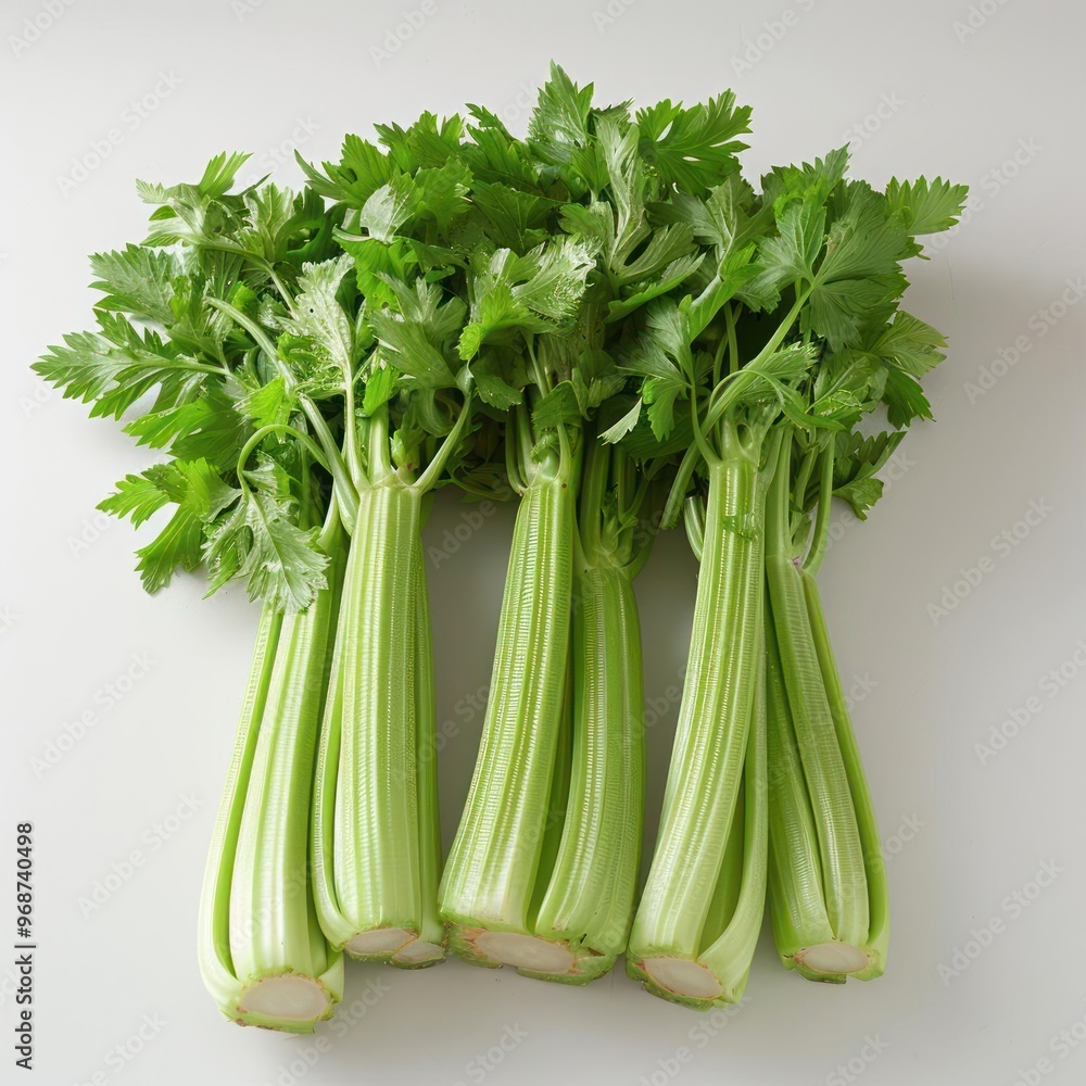 Pile of fresh, green celery stalks topped with parsley, arranged on a clean surface. Pile of fresh, green celery stalks topped with parsley, arranged on a clean surface.