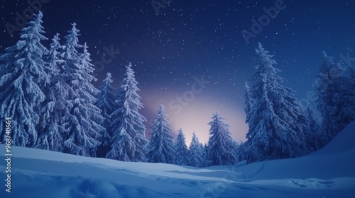 A serene winter night scene with snow-covered pine trees and a star-filled sky.