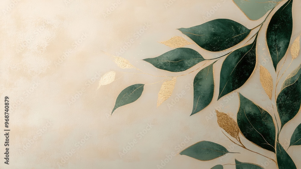Green and gold leaf illustrations forming a diagonal line across a soft beige canvas, perfect for decor. No people. No logo. Green and gold leaf illustrations forming a diagonal line across a soft beige canvas, perfect for decor. No people. No logo.