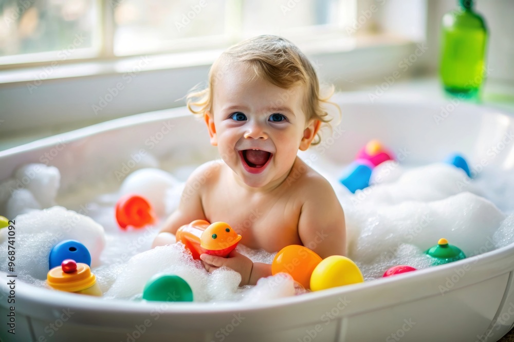 1 year old toddler enjoys bathing in the bathtub, A baby is playing with rubber ducks in the bathtub. The baby is holding one duck in each hand and splashing water. The scene is playful and fun, with 1 year old toddler enjoys bathing in the bathtub, A baby is playing with rubber ducks in the bathtub. The baby is holding one duck in each hand and splashing water. The scene is playful and fun, with