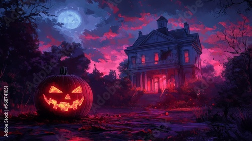 Spooky Halloween Night Scene with a Large Pumpkin in Front of a White House, 2D Game Art Style, Nightcore Atmosphere, UE5 Rendered, Dark Red and Light Purple Palette, Detailed Facial Features on Canva photo