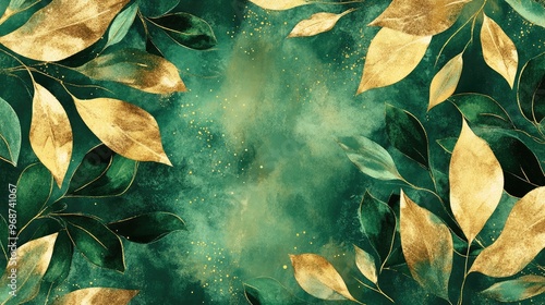 Green and gold leaf patterns in a watercolor style, perfect for greeting cards or wallpapers. No people. No logo.