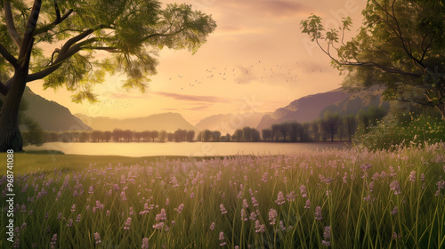 Rolling Meadows of Green Grass Leading to a Calm Lake at Sunset, Surrounded by Blooming Lavender and Tall Oak Trees with Distant Mountains, Ultra-Realistic 8K photo