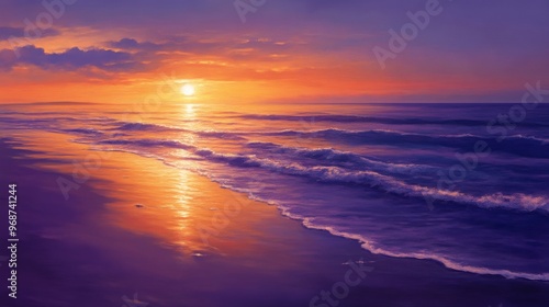 Sunset over calm ocean with colorful sky reflecting on water, tranquil seascape. Peace and serenity concept