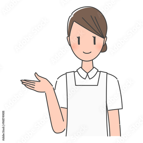 ホワイトのエプロン姿、笑顔で案内する歯科助手・歯科衛生士の女性スタッフ