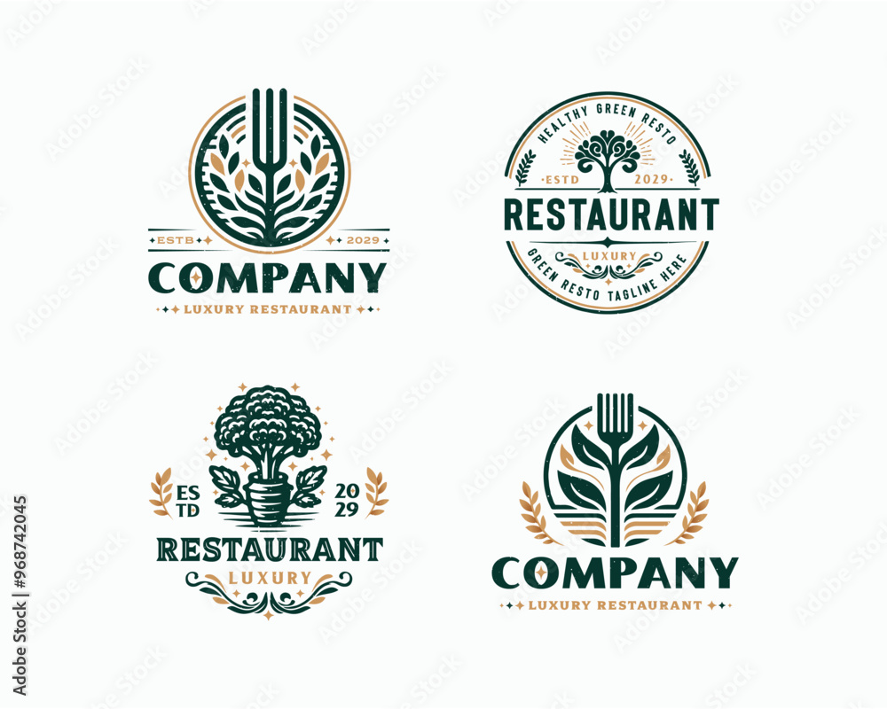 Fototapeta premium Set bundle vegan healthy green restaurant logo for food business company