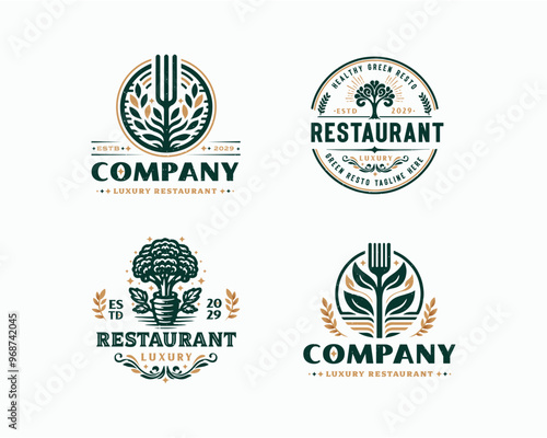 Set bundle vegan healthy green restaurant logo for food business company