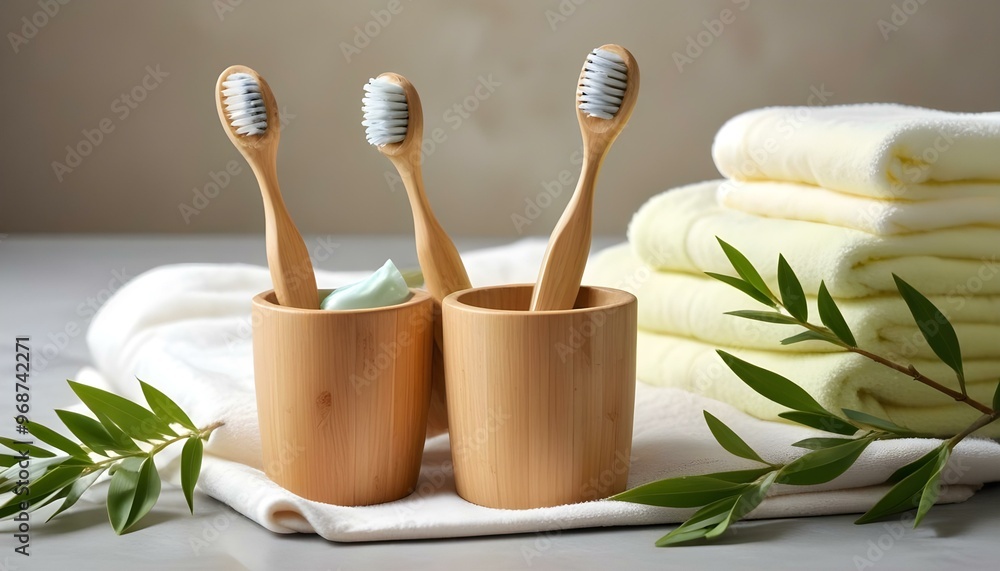 Eco toothbrushes. Bamboo toothbrushes cup, natural soap, plastic free ear sticks, wooden hair brush and white towels on gray stone background Eco toothbrushes. Bamboo toothbrushes cup, natural soap, plastic free ear sticks, wooden hair brush and white towels on gray stone background