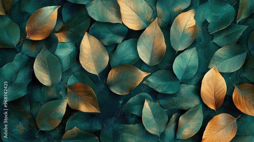 Rich green and gold leaves with subtle shadows forming a textured pattern on a pastel background. No people. No logo. Rich green and gold leaves with subtle shadows forming a textured pattern on a pastel background. No people. No logo.