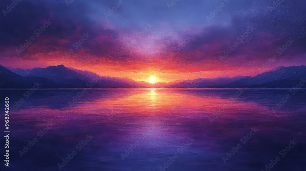 Sunset over calm lake with purple and orange sky Sunset over calm lake with purple and orange sky