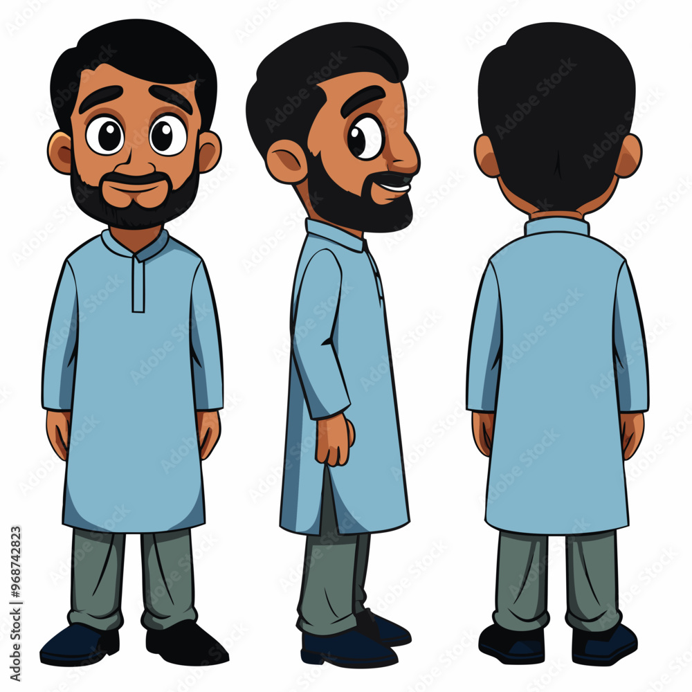 Asian Indian Pakistan Arab 2D Beard Man Character Front View, Side, Back View Wear Shalwar Kameez