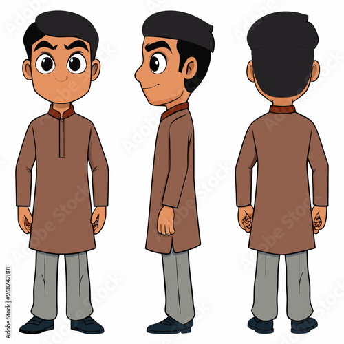 Asian Indian Pakistan Arab 2D Boy Character Front View, Side, Back View Wear Shalwar Kameez	