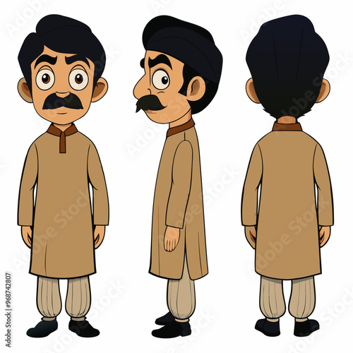 Asian Indian Pakistan Arab 2D  Man Character Front View, Side, Back View Wear Shalwar Kameez