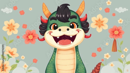 Cute Green Dragon Cartoon Character Illustration photo