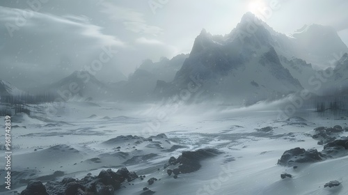 the intensity of a blizzard, with snow whipping through the air, reduced visibility, and the landscape transformed into a whiteout