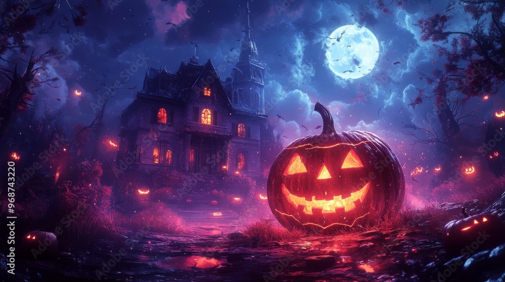 Naklejka premium Spooky Halloween Night Scene with a Large Pumpkin in Front of a White House, 2D Game Art Style, Nightcore Atmosphere, UE5 Rendered, Dark Red and Light Purple Palette, Detailed Facial Features on Canva