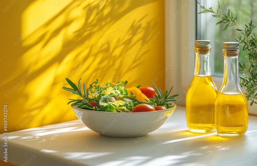 Fresh salad bowl and olive oil bottles on a white table by a sunny window backdrop Fresh salad bowl and olive oil bottles on a white table by a sunny window backdrop