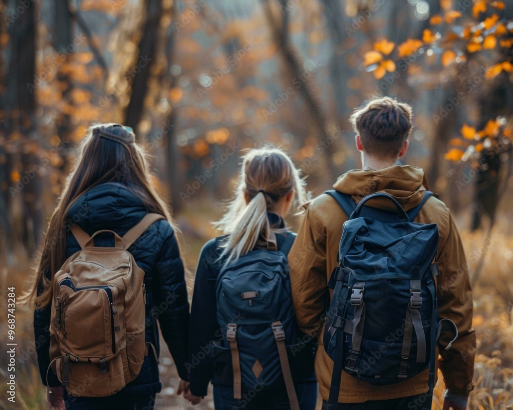 Three friends hike through a wooded area. AI. Three friends hike through a wooded area. AI.