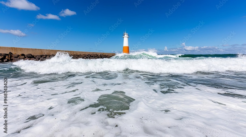 Fototapeta premium Wave energy converters in coastal waters, waves crashing onshore, innovative renewable ocean technology, sustainable marine power, green energy solutions