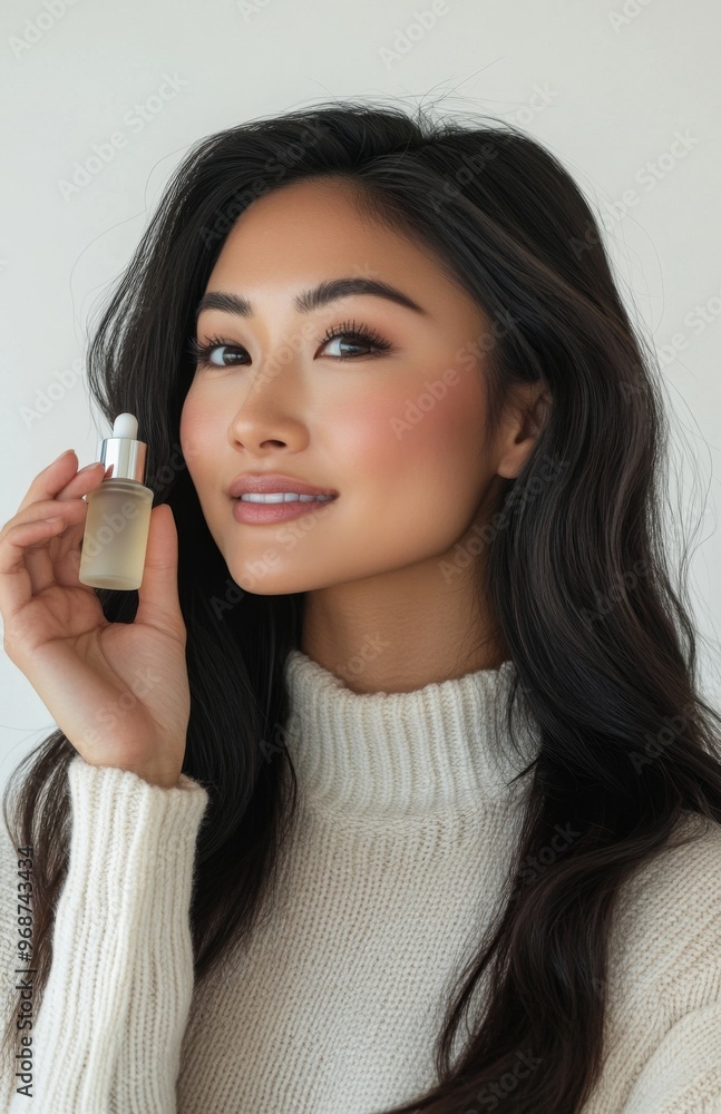 Beautiful smiling Asian woman applying face oil while holding a serum bottle in her home Beautiful smiling Asian woman applying face oil while holding a serum bottle in her home