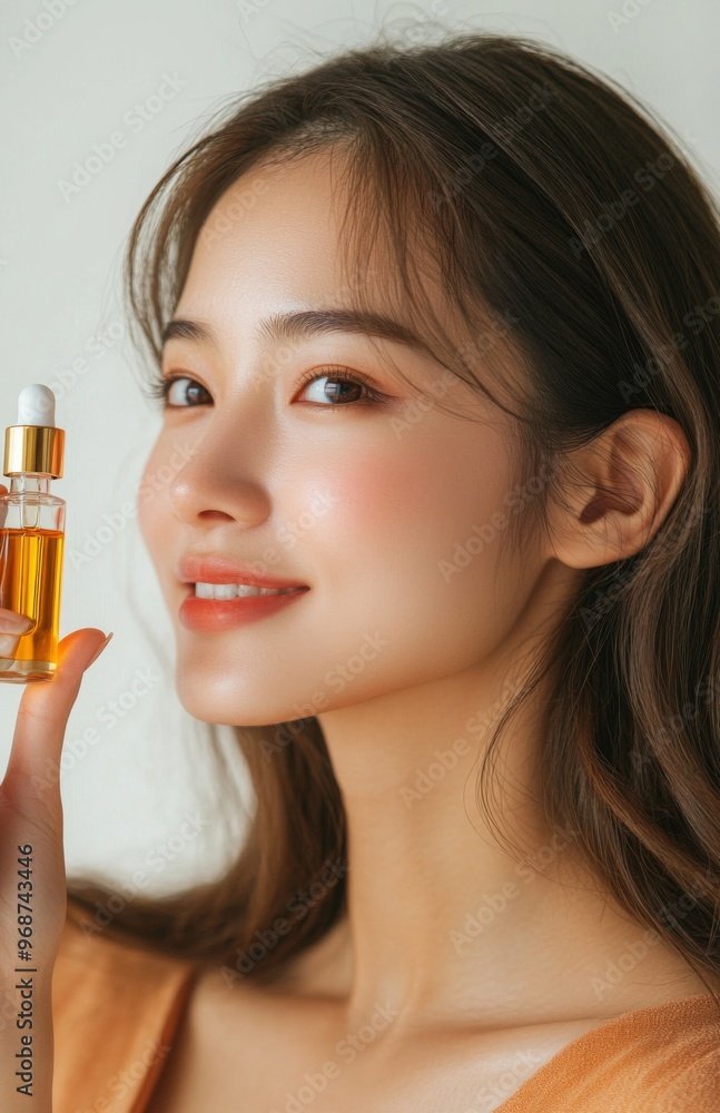 Beautiful smiling Asian woman applying face oil while holding a serum bottle in her home Beautiful smiling Asian woman applying face oil while holding a serum bottle in her home