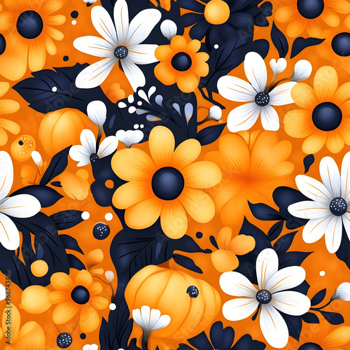 Halloween style wallpaper amber background, seamless pattern with halloween elements