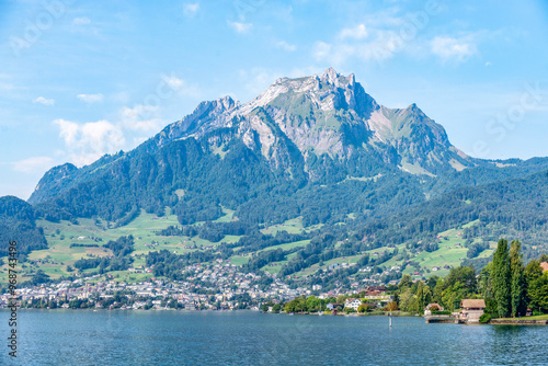 Panoramic view of the Mount Pilatus and Coast of Lake Lucerne and Swiss villages