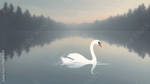 Reflection of a swan on a perfectly calm lake with a faded horizon