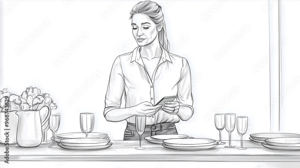 Young Woman Holding Smartphone at Table Young Woman Holding Smartphone at Table