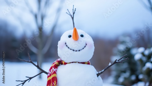 Happy Snowman with Re an Yellow Scarf in Winter Wonerlan photo