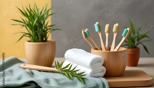 Eco toothbrushes. Bamboo toothbrushes cup, natural soap, plastic free ear sticks, wooden hair brush and white towels on gray stone background