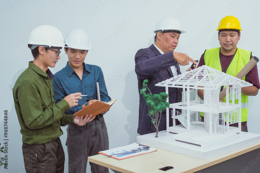 A male engineer and contractor at a desk in an office discuss the structural design of a house,roof drafting, lot size and number of occupants for a dream home project,focusing on budget and style A male engineer and contractor at a desk in an office discuss the structural design of a house,roof drafting, lot size and number of occupants for a dream home project,focusing on budget and style