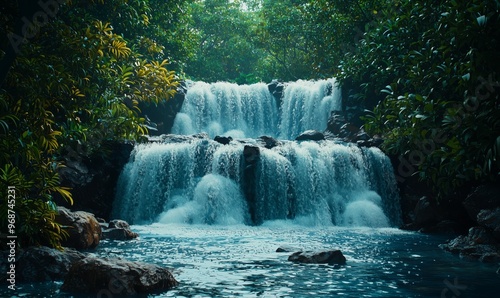 A picturesque cascading waterfall flows through dense green foliage, creating a peaceful and refreshing natural landscape.