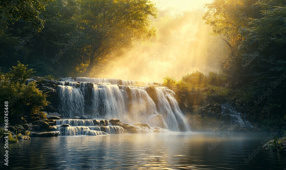 A picturesque waterfall bathed in golden sunlight, creating a serene and tranquil atmosphere in a lush natural environment. A picturesque waterfall bathed in golden sunlight, creating a serene and tranquil atmosphere in a lush natural environment.