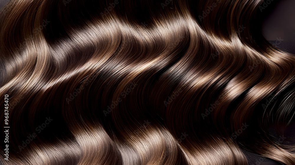 smooth, glossy waves, the natural color enhanced by a healthy shine, showcasing the richness of her dark brown hair