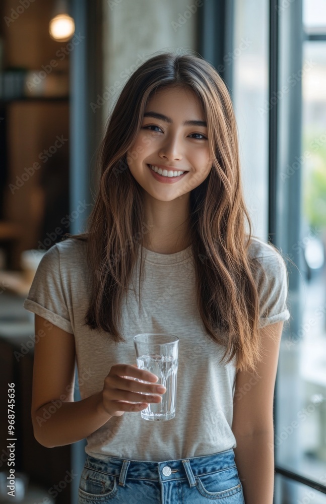 Smiling woman holding glass of water near window, wearing casual clothes in cozy room Smiling woman holding glass of water near window, wearing casual clothes in cozy room